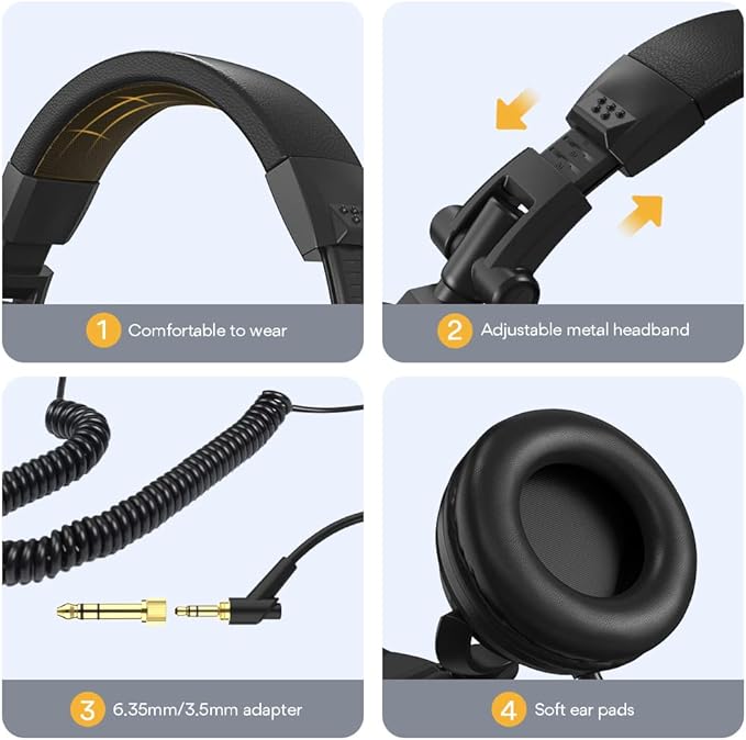 MAONO 50MM Drivers Pro Studio Monitor Headphones, MH501 Over Ear Closed Back Non-Detachable Wired Headset with 3.5mm/6.35mm Jack for Guitar Amp Recording DJ Mixing Piano Music Production Podcast