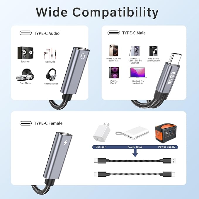 USB C Splitter, Dual USBC Headphone and Charger Adapter, 2-in-1 Type USBC Hi-Res DAC Adapter Audio Dongle Cable with PD 60W Fast Charging Cable for iPhone 16/15 Series & All USB-C Devices