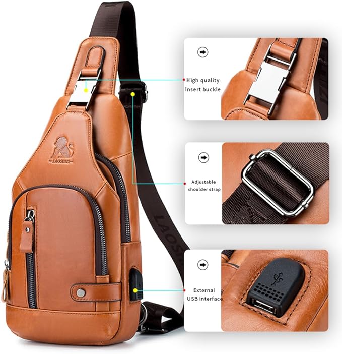 pundarika Leather Sling Bag for Men,small Crossbody Shoulder bag for men,men’s shoulder pack crossbody sling backpack.-brown