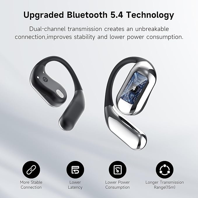Open Ear Earbud Wireless Bluetooth 5.4 Earbuds,Intelligent Touch Screen Headphones,50H Playtime,Ergonomic Ear Hook,Built-in Mic,LED Display Charging Case,for Sport Running Fitness (Grey)