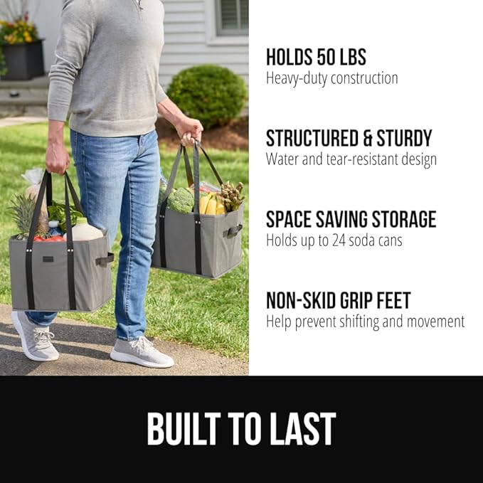 GORILLA GRIP Heavy Duty Foldable Reusable Grocery Bags, 5 Pack, Tear Resistant Box Shape Shopping Tote with Reinforced Handles, Grip Feet, Easily Carry and Transport Groceries, 13x10x11, Gray Black