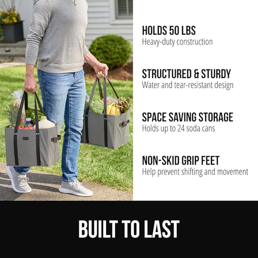 GORILLA GRIP Heavy Duty Foldable Reusable Grocery Bags, 5 Pack, Tear Resistant Box Shape Shopping Tote with Reinforced Handles, Grip Feet, Easily Carry and Transport Groceries, 13x10x11, Gray Black