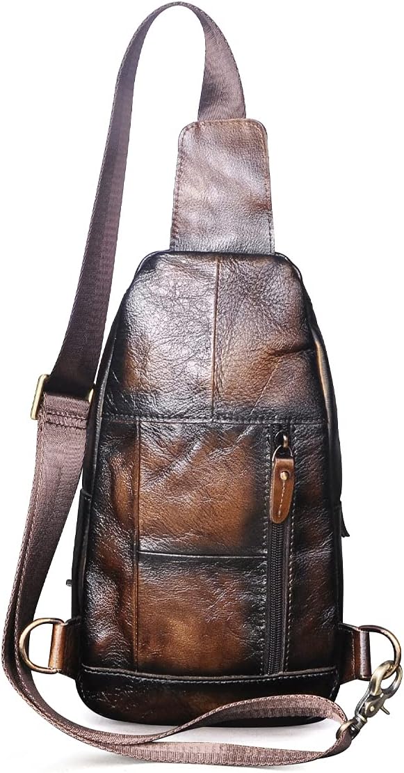 Le'aokuu Men Outdoor Casual Travel Hiking Tea Crossbody Chest Sling Bag Rig One Shoulder Strap Bag Backpack Men Leather