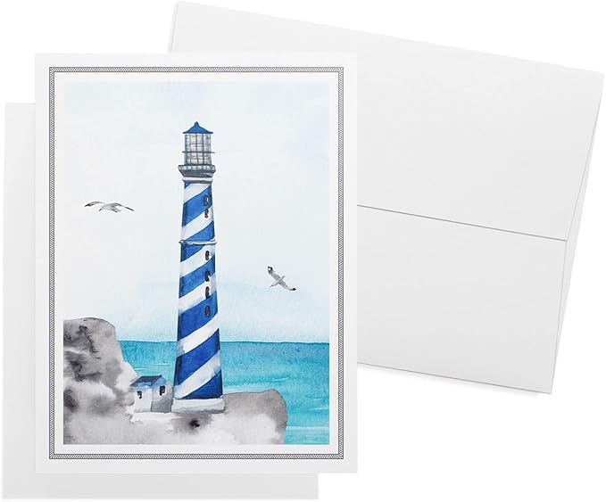 Twigs Paper - 12 Nautical Lighthouse Note Cards - Greeting Cards for All Occasions - 3 Different Design Pack With Envelopes - Personalized Thank You Cards - Made in USA (5.5 x 4.25 inches,Set of 12)