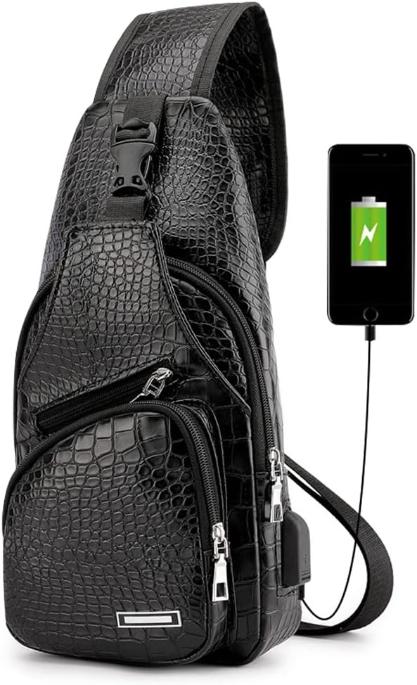 Peicees Leather Sling Bag Mens Crossbody Bag Chest Bag Sling Backpack for Men with USB Charge Port
