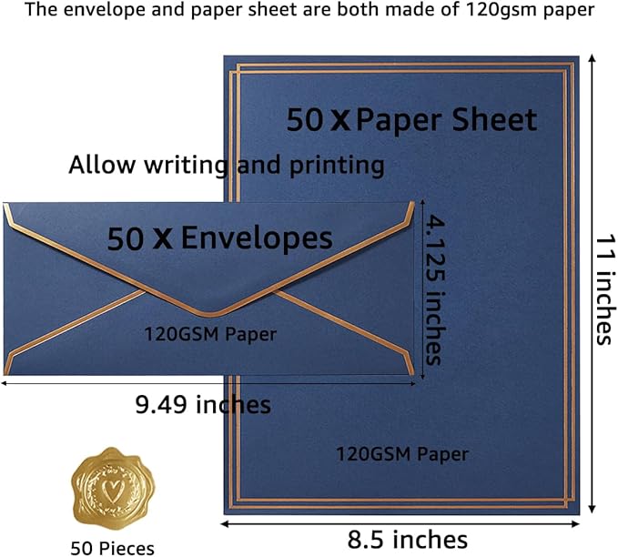 50 Pack Stationery Set with Gold Border, #10 Business Envelopes and 8.5x11 Paper Sheets and Stickers for Writing Letters (Navy Blue, 8.5x11 Inches)