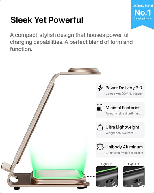 Intoval 3 in 1 Wireless Charging Station for iPhone 16 15 14 13 12 11 X Pro Max, Wireless Charger for Apple Watch Ultra 3 SE 9 8 7 6 5 4 3 2, for AirPods 4 Pro Pro 2 3 (Y93, Desert)