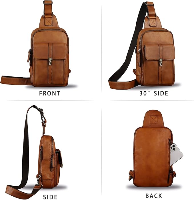 Genuine Leather Sling Bag Casual Shoulder Hiking Backpack Vintage Handmade Crossbody Bag Retro Chest Daypack (Brown)