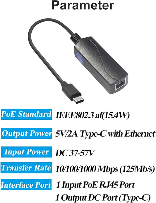 10W Gigabit PoE to USB-C Driver Converter, PoE to Type-C Power Output with Ethernet Adapter, 5V/2A Output, IEEE802.3af, Wired Broadband and PD Charging for Phone/Tablet (GP2C5V)