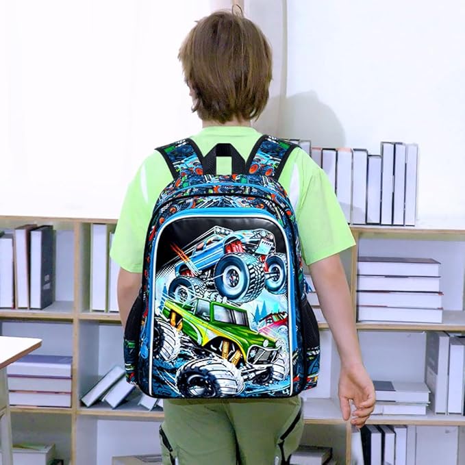 CCJPX 16" Truck Backpack for Boys, 3PCS Cars Kids Water Resistant Preschool Bookbags, Cool Kindergarten School Backpacks and Lunch Box