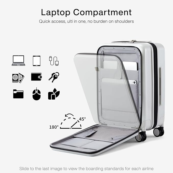 Hanke Grace Expandable Carry On Luggage with Wheels Airline Approved Hard Shell Suitcases with Front Pocket，Top Opening Luggage with TSA Lock for Short Business Travel, Smoke White.