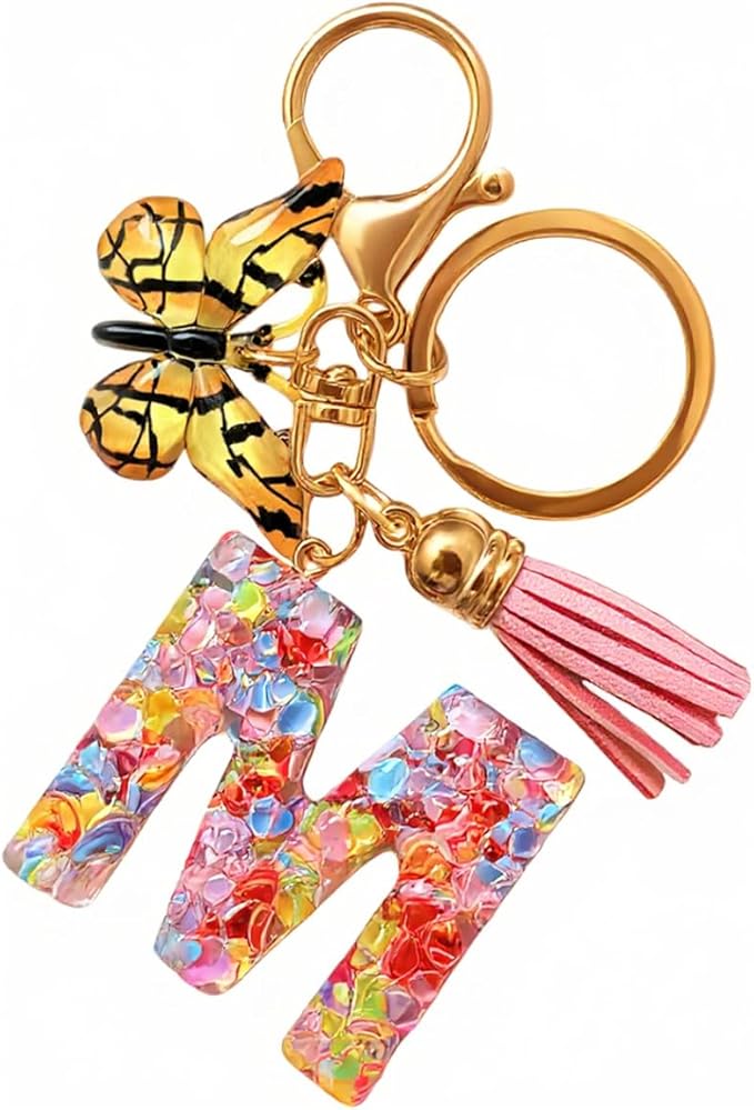 Cute Initial Letter Keychains for Girls Women with Tassel Butterfly Colourful Alphabet Keychain for Backpacks