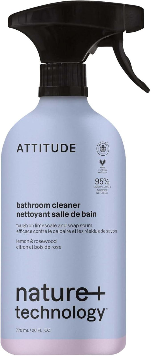ATTITUDE Bathroom Cleaner Spray, Natural Origin Ingredients, EWG Verified, Eliminates Soap Scum, Limescale, Streak Free, Lemon & Rosewood, 26 Fl Oz
