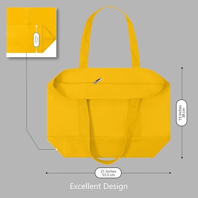 TOPDesign 1-Pack Canvas Tote Bags with an External Pocket, Reusable Grocery Shopping Bags, Top Zipper Closure, Daily Essentials (Yellow)