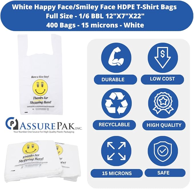 Easy Open - 400 Bags - White Happy Face/Smiley Face HDPE T-Shirt Bags - Full Size - 1/6 BBL 12"X7"X22"- 15 microns - White - HF1272215M-EO - AssurePak
