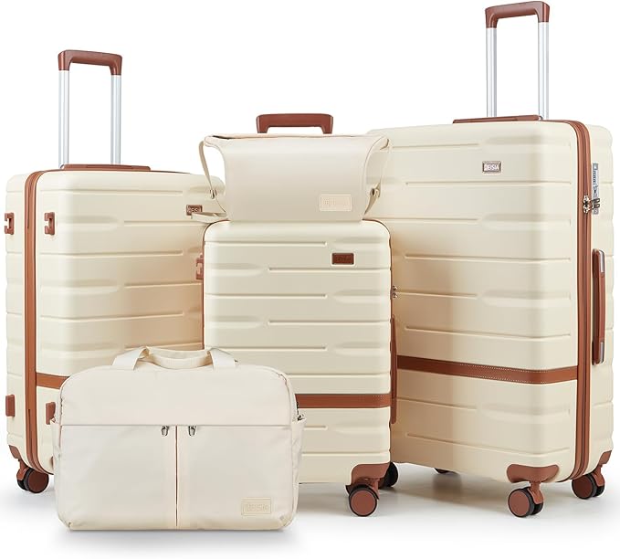 Luggage Sets 3 Piece with TSA Lock Hardside PC+ABS Carry On Suitcase with Spinner Wheels Lightweight Rolling Travel Luggage Sets with YKK Zippers (Beige)