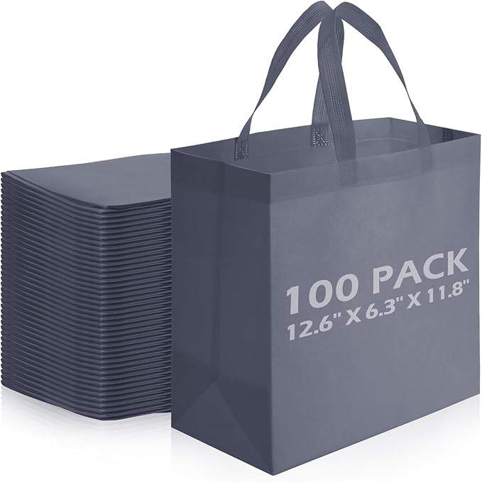 Reginary Reusable Totes Bags - 100 Pcs Non Woven Grocery Handle Bags for Shop Events & Retail Store (Dark Gray)
