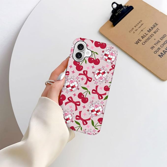 DAIZAG Case Compatible with for iPhone 16,Cute Pink Cherry Disco Ribbon Star Phone Case for iPhone 16 for Girl Women Boy Men