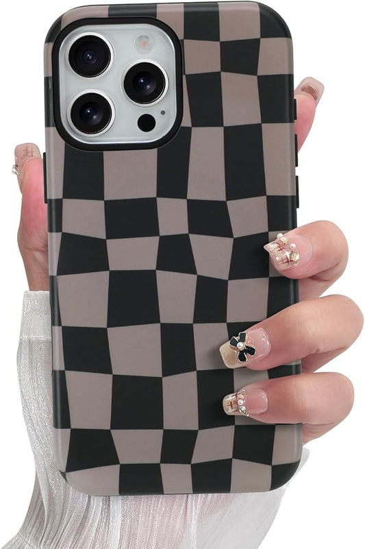 SOKAD Magnetic Checkered Phone Case for iPhone 16 Pro, Cute Grids Plaid Checkerboard Pattern Compatible with Magsafe Matte Protective Case Cover with Screen Protector for Girls Women, Black & Brown
