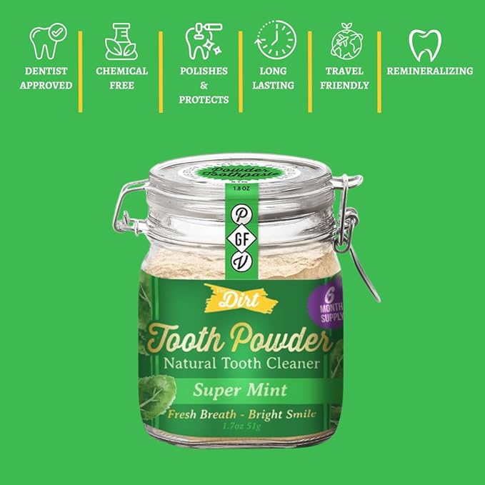 The Dirt - Remineralizing Tooth Powder, Natural Fluoride-Free Teeth Whitening Powder with Hydroxyapatite, Flouride & Gluten Free, Organic Vegan (Super Mint, 51g: 6 Month Supply)