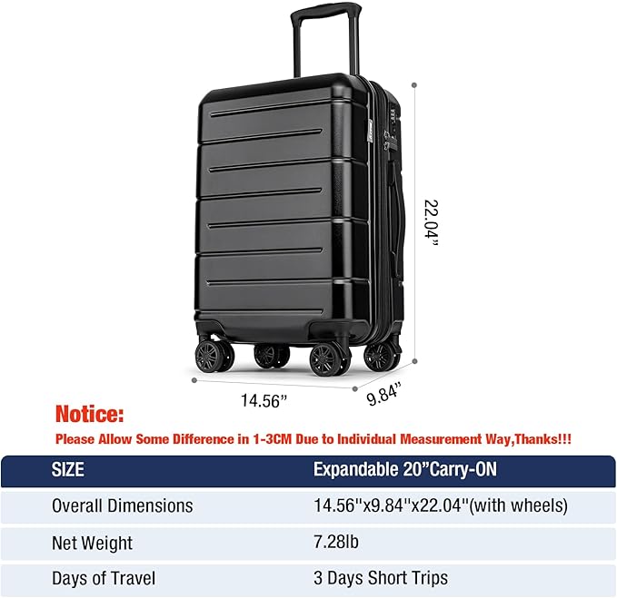 KYME Carry On Luggage 22x14x9 Airline Approved Expandable with Cup Holder 20 Inch Hardshell Carry-On Suitcase with Spinner Wheels TSA Lock Small Lightweight Travel Rolling Luggage Black