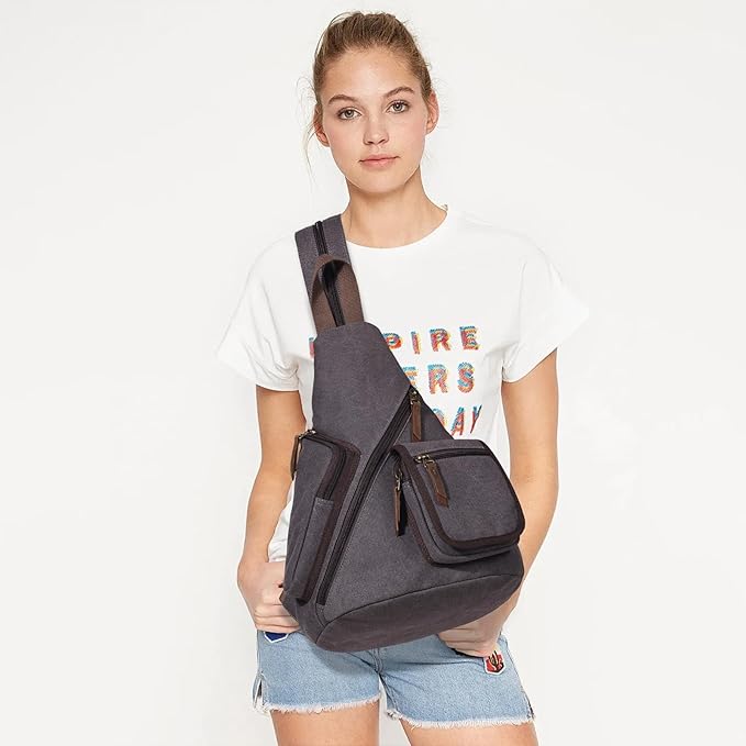 KL928 Canvas Sling Bag - Casual Crossbody Shoulder Daypack Rucksack Backpack for Men Women, Dark Grey