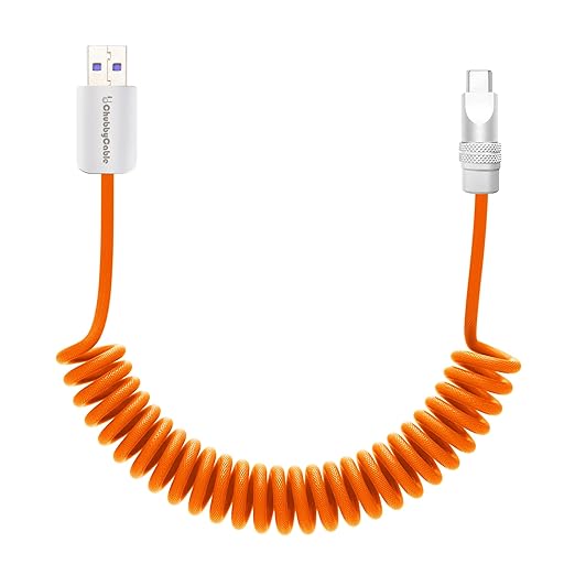 chubbycable Curly Chubby Retractable Fast Charging Cable 120W Coiled Charger Cord for Car Durable USB C Cable Compatible with iPhone 16/15 Series, Orange, USB-A to Type-C, 1.3FT-2.3FT