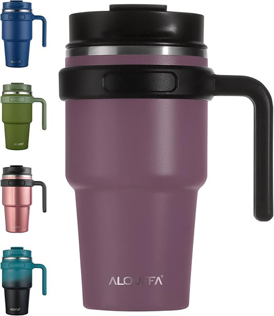 ALOUFEA 20 oz Insulated Coffee Mug Tumbler with Handle, Stainless Steel Travel Mug Tumbler with Lid and Straw,Double Wall Vacuum Leak Proof Ice Coffee Thermal Cup,Plum