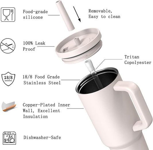 TILUCK 40 oz Tumbler with Handle, Vacuum Insulated Stainless Steel Travel Mug with 100% Leak-Proof Silicone Straw Lid, Cupholder Friendly Water Bottle(SakuraPink, 40oz)