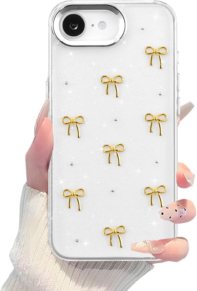 EYZUTAK Case for iPhone 16e, Bling Glitter 3D Bowknot Phone Case Cute Sparkly Crystal Clear Bow Aesthetic Design Cover Slim Soft Durable TPU Transparent Protective Cover for Women Girls - Gold Bow