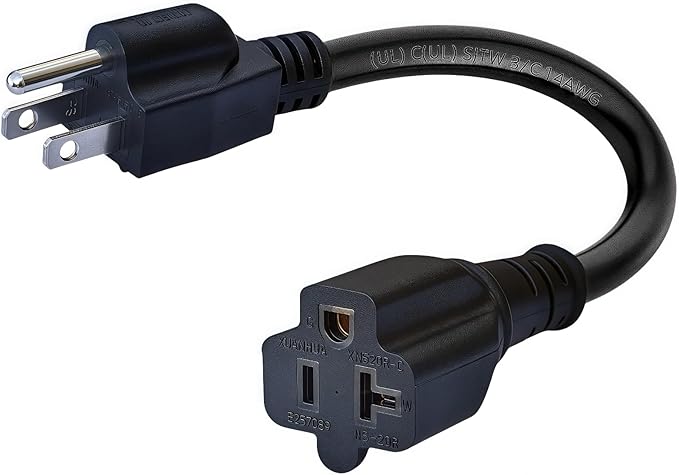 1-Foot 15 Amp Household AC Plug to 20 Amp T Blade Adapter Cable，14AWG 1-Foot 15 Amp to 20 Amp Plug Adapter Cord Nema 5-15P to 5-15R/5-20R 20Amp Comb AC Power Cord, Black