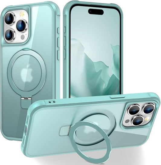 Magnetic Compatible with iPhone 15 Pro Max Case with Stand [Military Grade Drop Tested][Compatible with Magnet] Ring Translucent Slim Hard Back Soft Edge, Teal Green