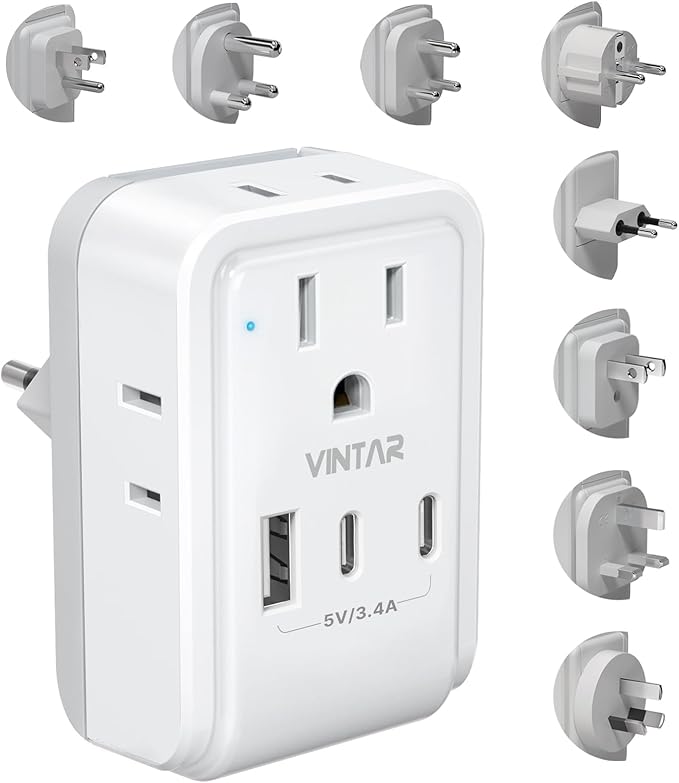 VINTAR Universal Travel Adapter Kit, International Power Adapter with 4 AC and 3 USB Ports(2 USB C), Type A,B,C,D,E/F,G,I,M Detachable Attachments, Travel Adapter Worldwide for India/Africa/Europe/UK