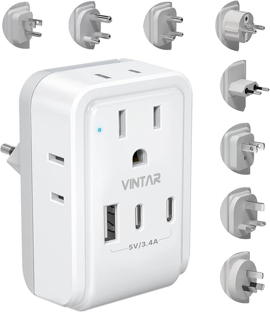 VINTAR Universal Travel Adapter Kit, International Power Adapter with 4 AC and 3 USB Ports(2 USB C), Type A,B,C,D,E/F,G,I,M Detachable Attachments, Travel Adapter Worldwide for India/Africa/Europe/UK