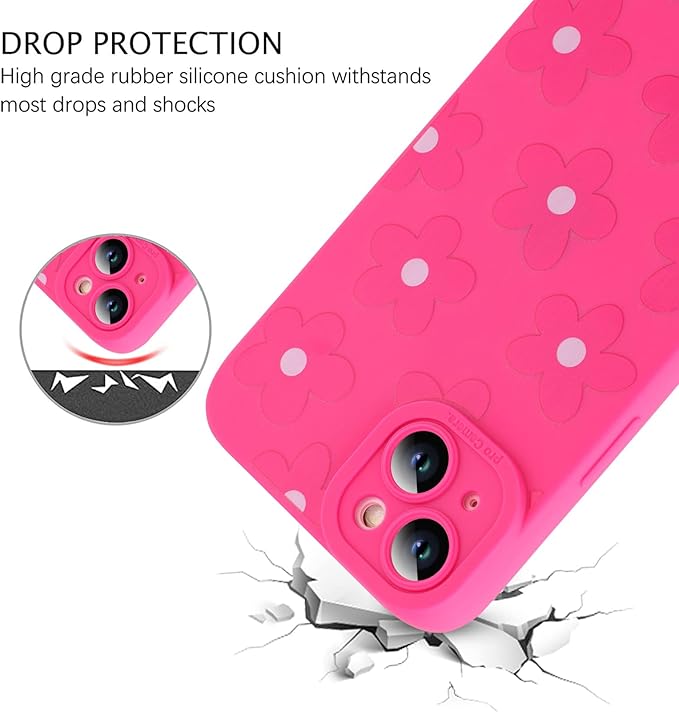 ZIYE for iPhone 15 Case Hot Pink Flower Pattern Phone Case with Camera Protection,Soft TPU Silicone Rubber Protective Cover Floral Design Cases Compatible with iPhone 15 6.1 Inch