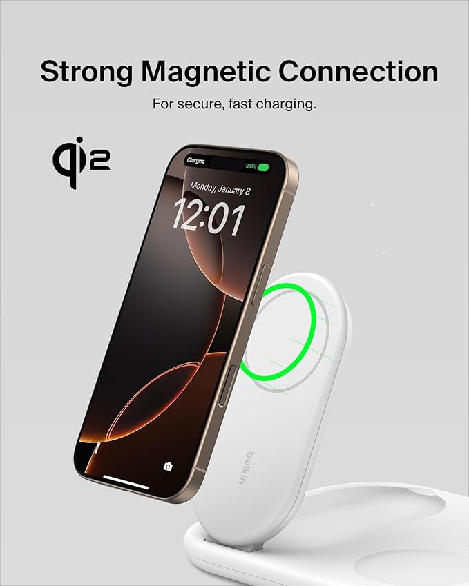 Belkin 3-in-1 MagSafe-Compatible iPhone Charger 15W, Foldable Magnetic Qi2-Certified Wireless Charging Station for iPhone 17, Apple Watch Series 10, AirPods 4, Pixel 10, w/Non-Slip Base & PSU - White