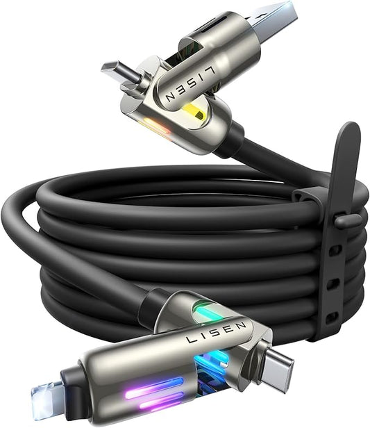LISEN USB C Cable 3FT for Samsung Charger Type C, Chubby 4 in 1 Charging Cable with Light, Multi Charging Cable for iPhone 16 15 14 Pro Max/MacBook/iPad Pro/SamSungS25, All Devices, Black