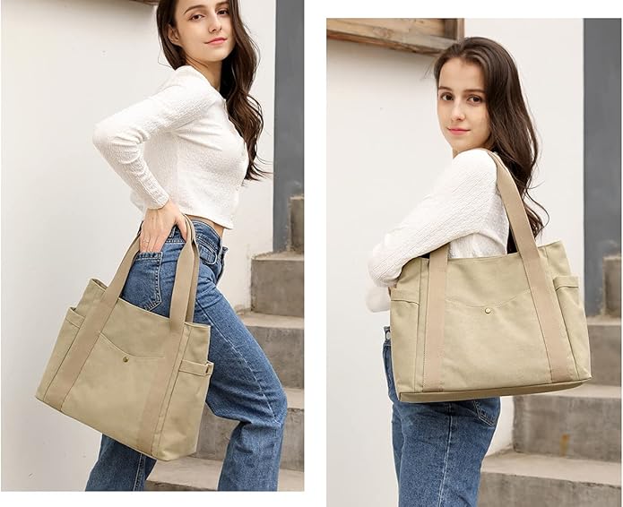 Women's Canvas Tote Handbags Multi-pocket Retro Casual Shoulder Bag Top Handle Satchel Tote Purse
