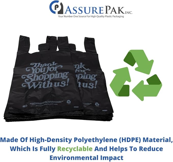 Black 'Thank You' HDPE T-Shirt Bags with Handles - 400 Bags – 1/5 BBL Size 13"x10"x23" – 21 Microns – Thank You Shopping Bags for Retail, Takeout, Restaurant Supplies