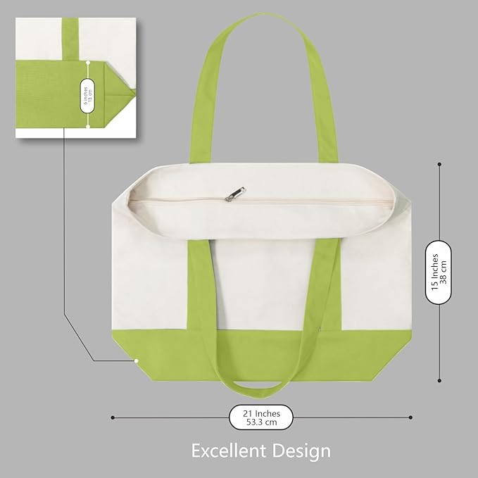 TOPDesign 6-Pack Canvas Tote Bags with an External Pocket, Reusable Grocery Shopping Bags, Top Zipper Closure, Daily Essentials (Light Green/Natural)