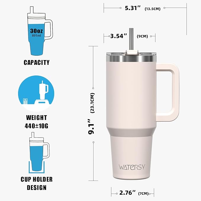 30 oz Tumbler with Handle,Tumbler with Lid and Straw,Double Wall Insulated Cup Stainless Steel Travel Mug(Cold for 34 Hours),Water Bottle for Iced Tea,Coffee,Cold Beverages(Ivory Beige)