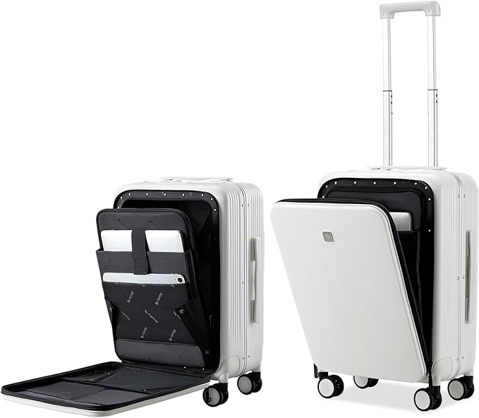 Hanke Grace Hard Shell Suitcases with Wheels,20 Inch Carry On Luggage Airline Approved with Aluminum Frame, Travel suitcase with Front Pocket Travel Luggage for Short Business Trips, Smoke White.
