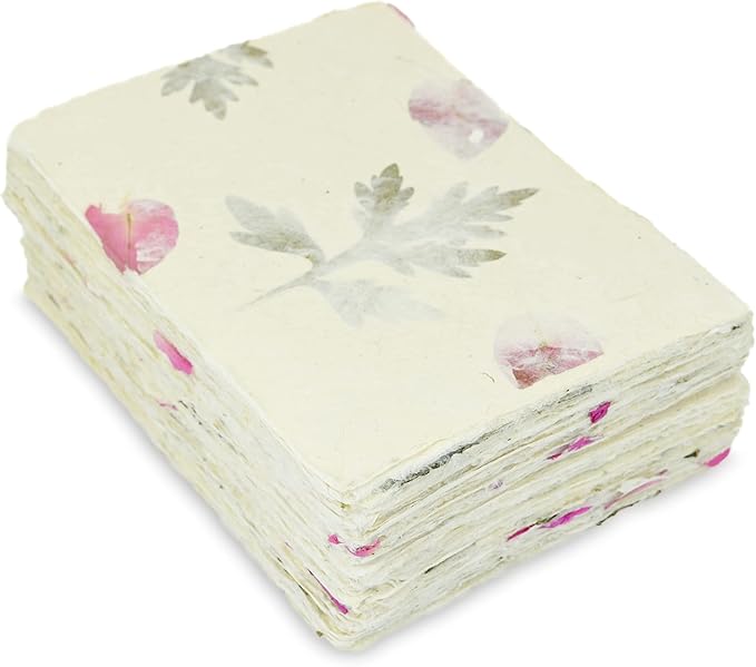 Handmade Lokta Card Stock 5x7 Inch Deckle-edge Paper with Bougainvillea Petal and Titepati leaves. for Vintage Stationery, Printing, and Decorative Invitations (100 Sheets, Forest Wanderer)