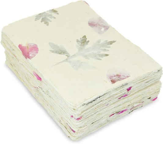 Handmade Lokta Card Stock 5x7 Inch Deckle-edge Paper with Bougainvillea Petal and Titepati leaves. for Vintage Stationery, Printing, and Decorative Invitations (100 Sheets, Forest Wanderer)