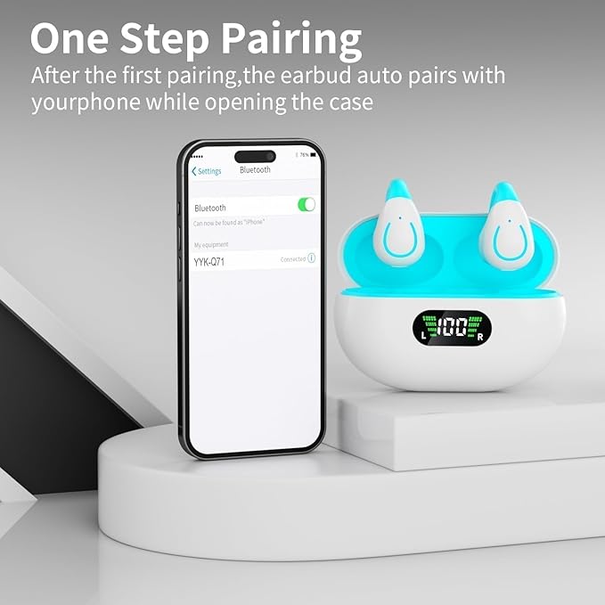 Clip On Earbuds, Bluetooth 5.3 Lightweight Comfort Bone Conduction Open Ear Headphones with LED Digital Display Charging Case Sport Built-in Mic IPX7 Waterproof for Running Fitness Android, Light Blue