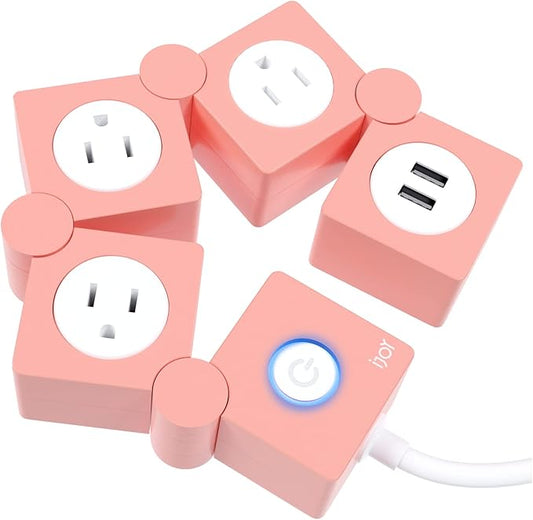 iJoy Flexible Power Strip - 3 AC Outlets and 2 USB Charging Ports with Pink Extension Cord, Power Strips with Surge Protection, Decorative Surge Protector Outlet Extender for Home, Office, and More