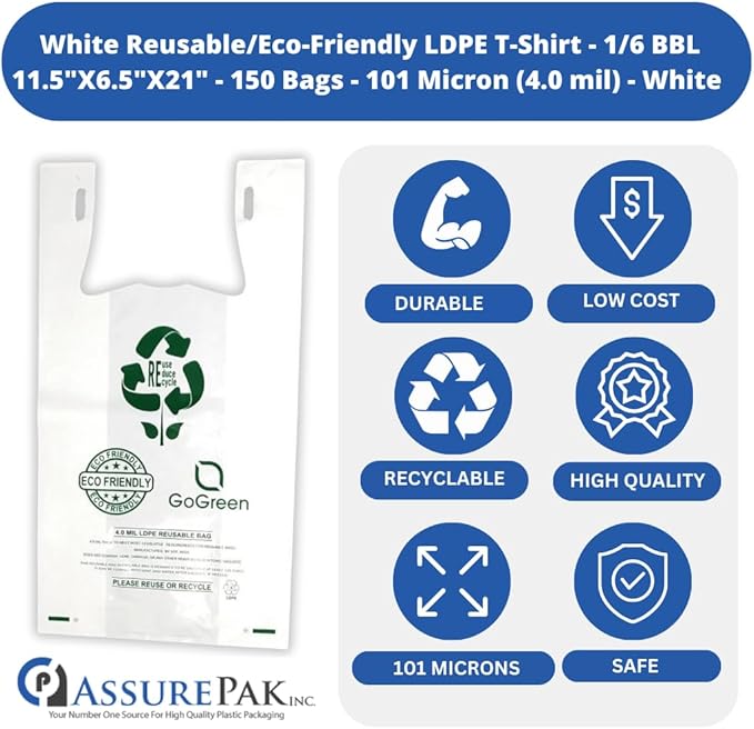 White Reusable/Eco-Friendly LDPE T-Shirt - 1/6 BBL 11.5"X6.5"X21" - 150 Bags - 101 Micron (4.0 mil) - White - WHLD4MREUSE1221
