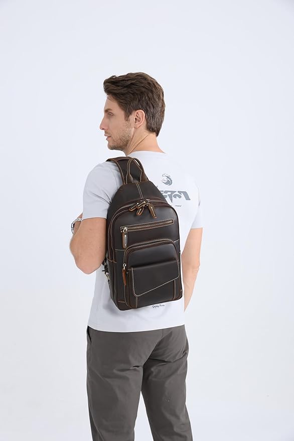 LANNSYNE Full Grain Leather Casual Sling Bag For Men Hiking/Travel/Business Crossbody Chest Bag Fits 12.9" iPad