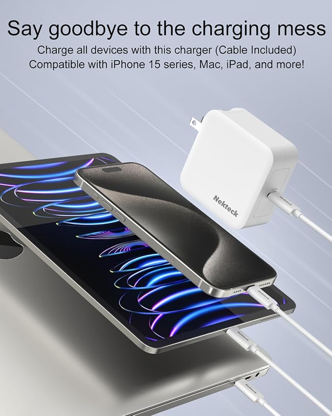 Nekteck Mac Book Pro Charger [GaN Ⅳ], 100W USB C Charger, Compact and Foldable Fast Charging Compatible with MacBook Pro/Air, iPad Pro and All USB C Devices, 6.6 ft USB C to USB C Cable Included