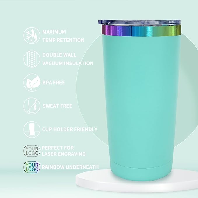 20 oz Stainless Steel Tumbler with Lid and Straw Double Wall Vacuum Insulated Coffee Mug Powder Coated Cup for Hot and Cold Drinks (Mint Green,6 pack)